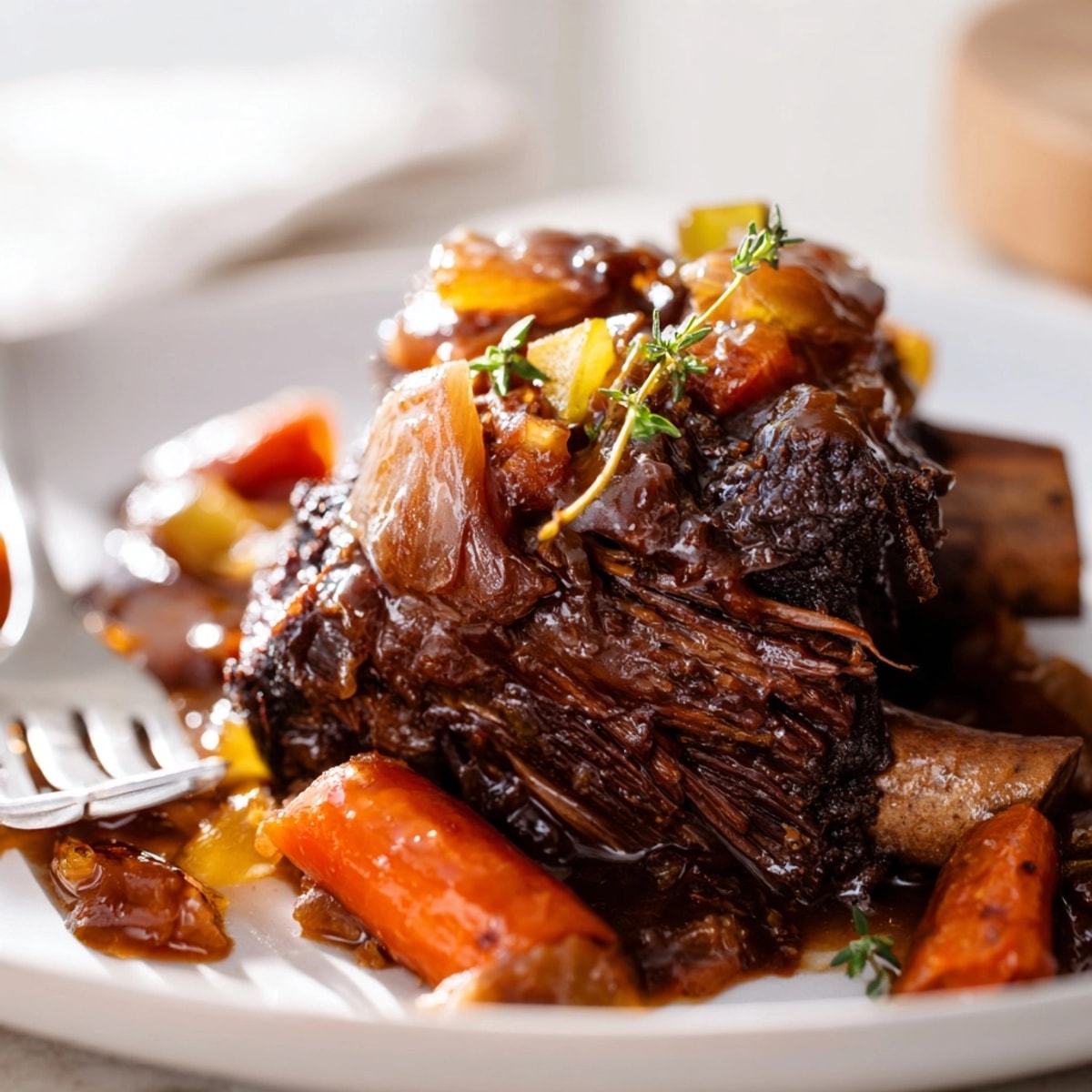 Juicy Apple Cider Braised Short Ribs simmered low and slow with savory herbs.