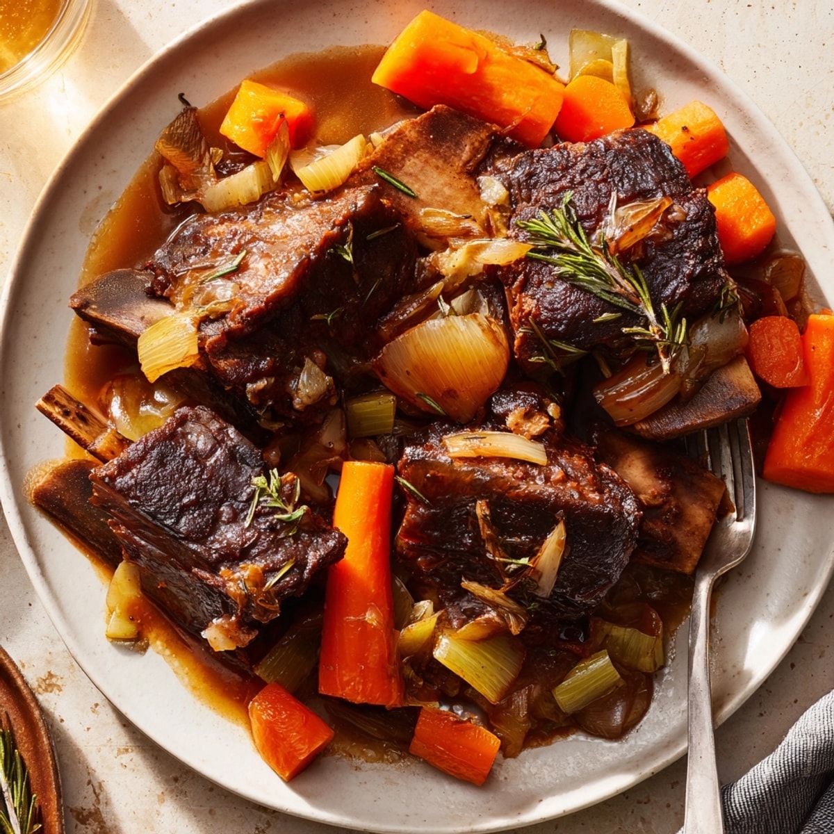 Fork-tender Apple Cider Braised Short Ribs with fall vegetables, simmered in rich apple cider.