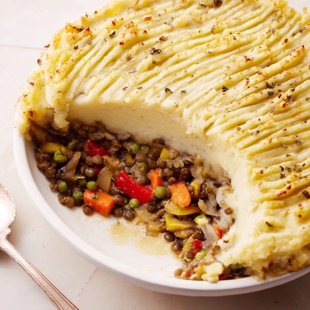 Golden-brown Lentil & Veggie Shepherds Pie fresh from the oven; bubbling, comforting vegetarian dinner idea.