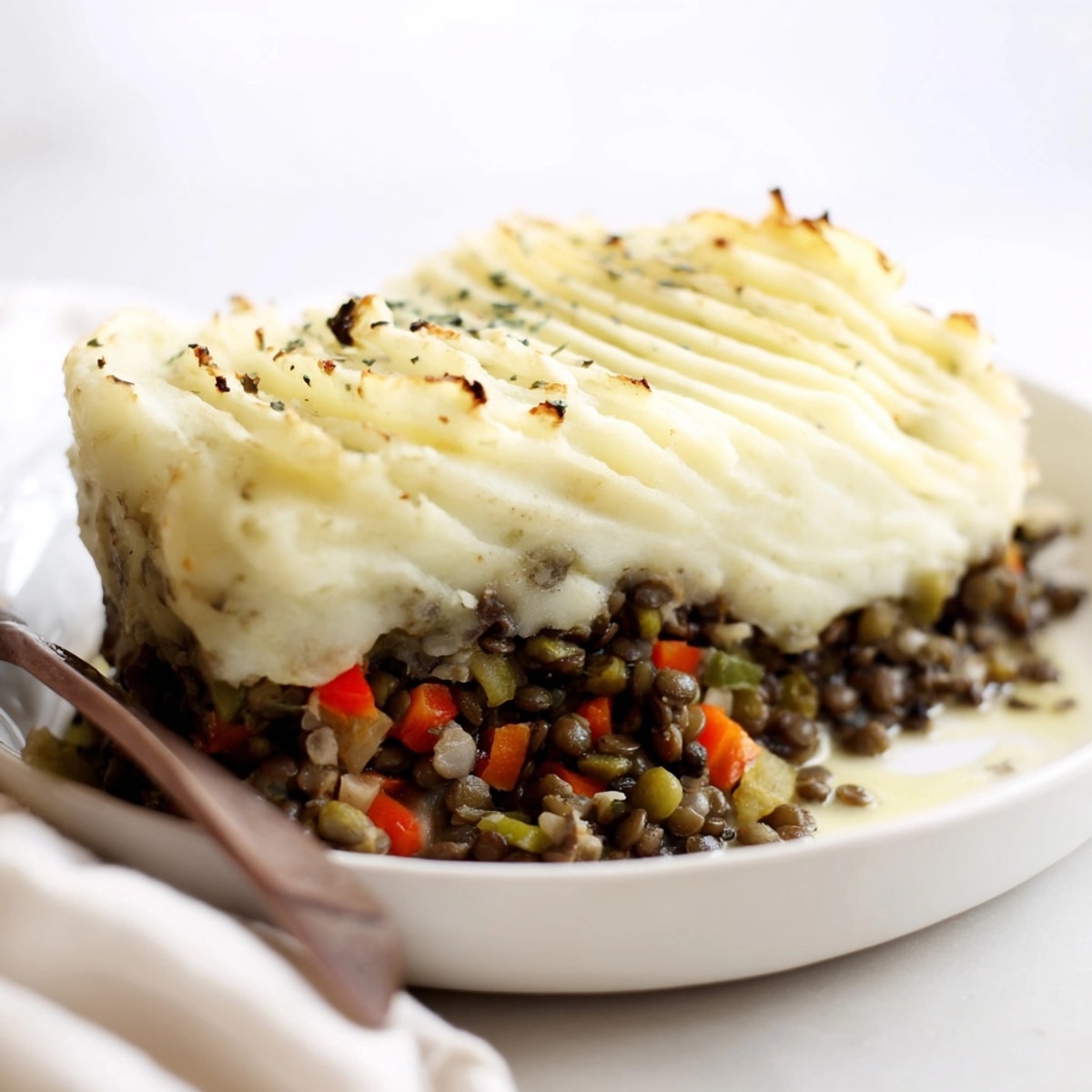 Close-up of creamy mashed potato topping on savory Lentil &amp; Veggie Shepherds Pie, ready to serve.