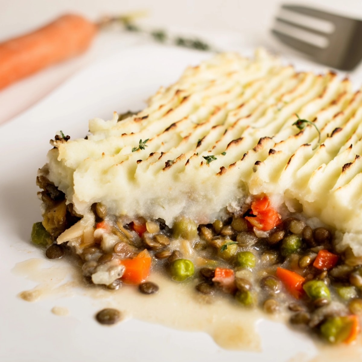 Warm and hearty Lentil &amp; Veggie Shepherds Pie in a baking dish, steam rising.