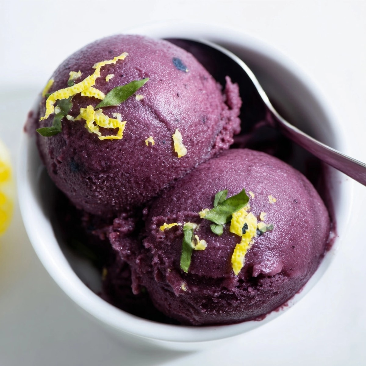 Scoops of icy Blueberry-Basil Lemonade Sorbet, garnished with fresh basil; bright, tangy flavor.