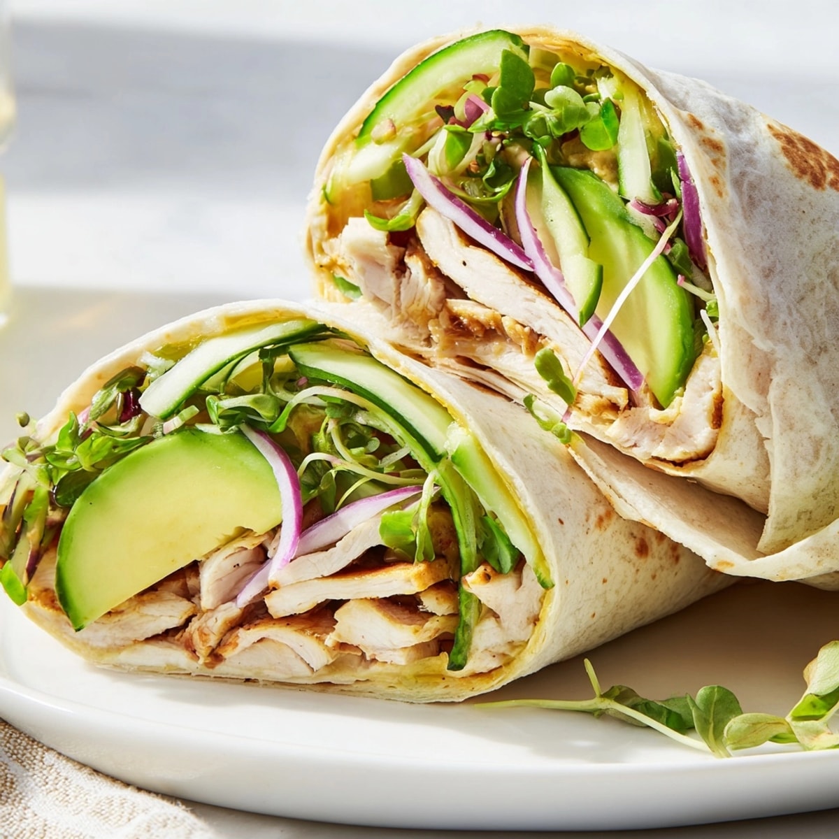 Golden grilled chicken and fresh microgreens fill soft tortillas for Microgreen & Honey Mustard Chicken Wraps.