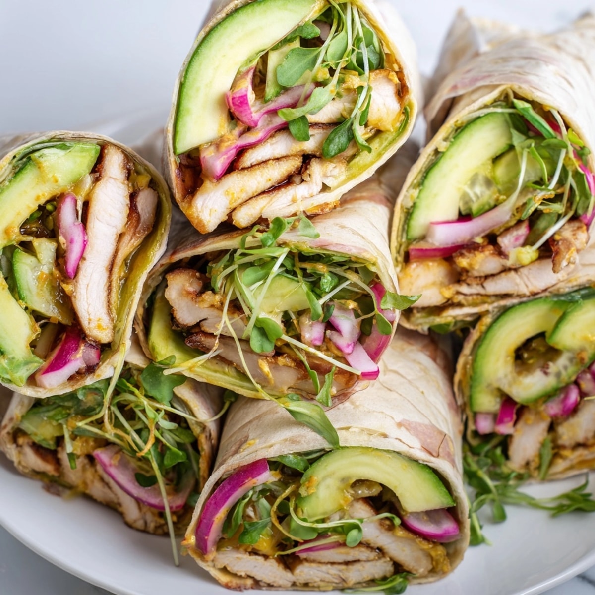 A vibrant stack of Microgreen &amp; Honey Mustard Chicken Wraps, bursting with color and creamy sauce.