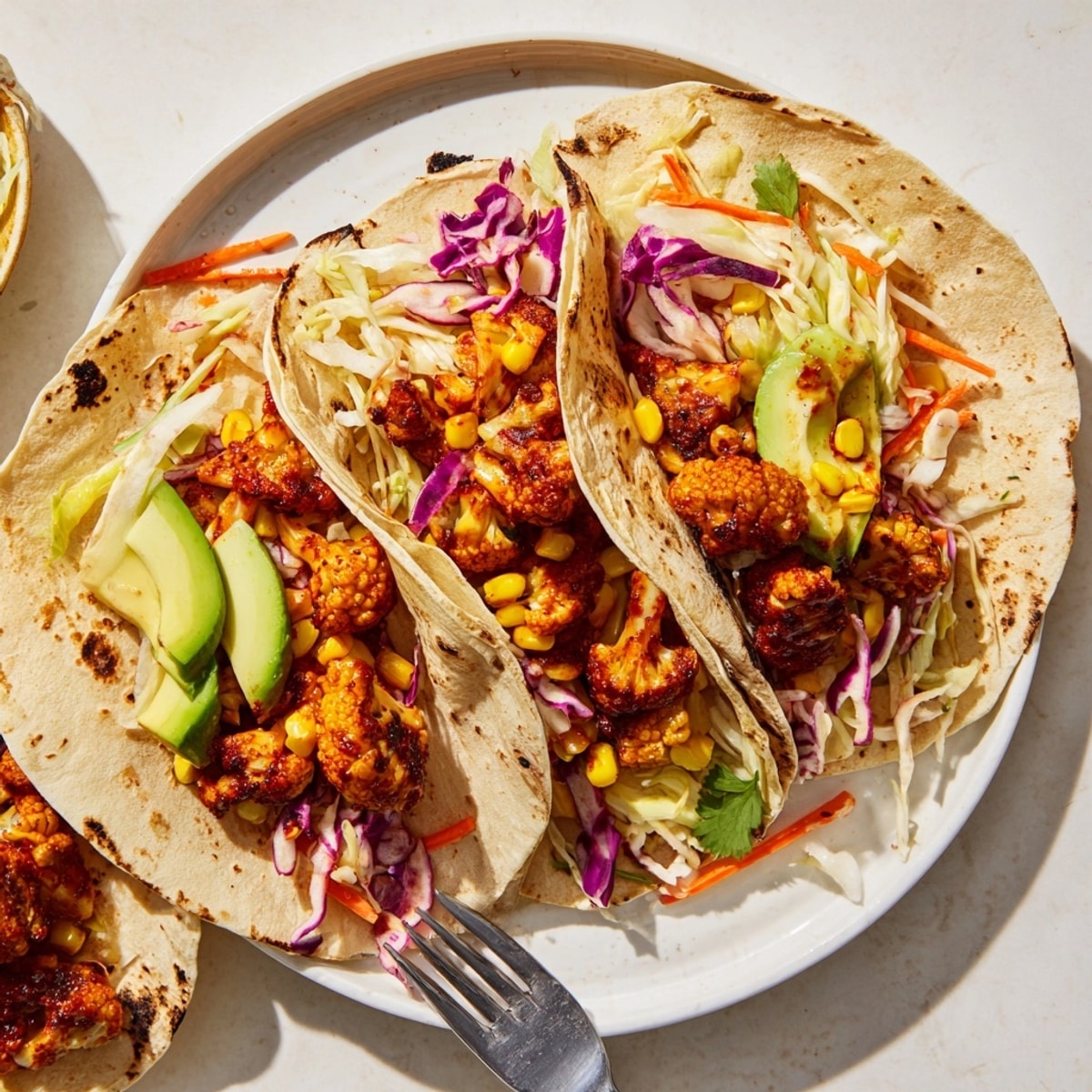 Stacked BBQ Cauliflower & Sweet Corn Tacos showing colorful layers of fresh ingredients.