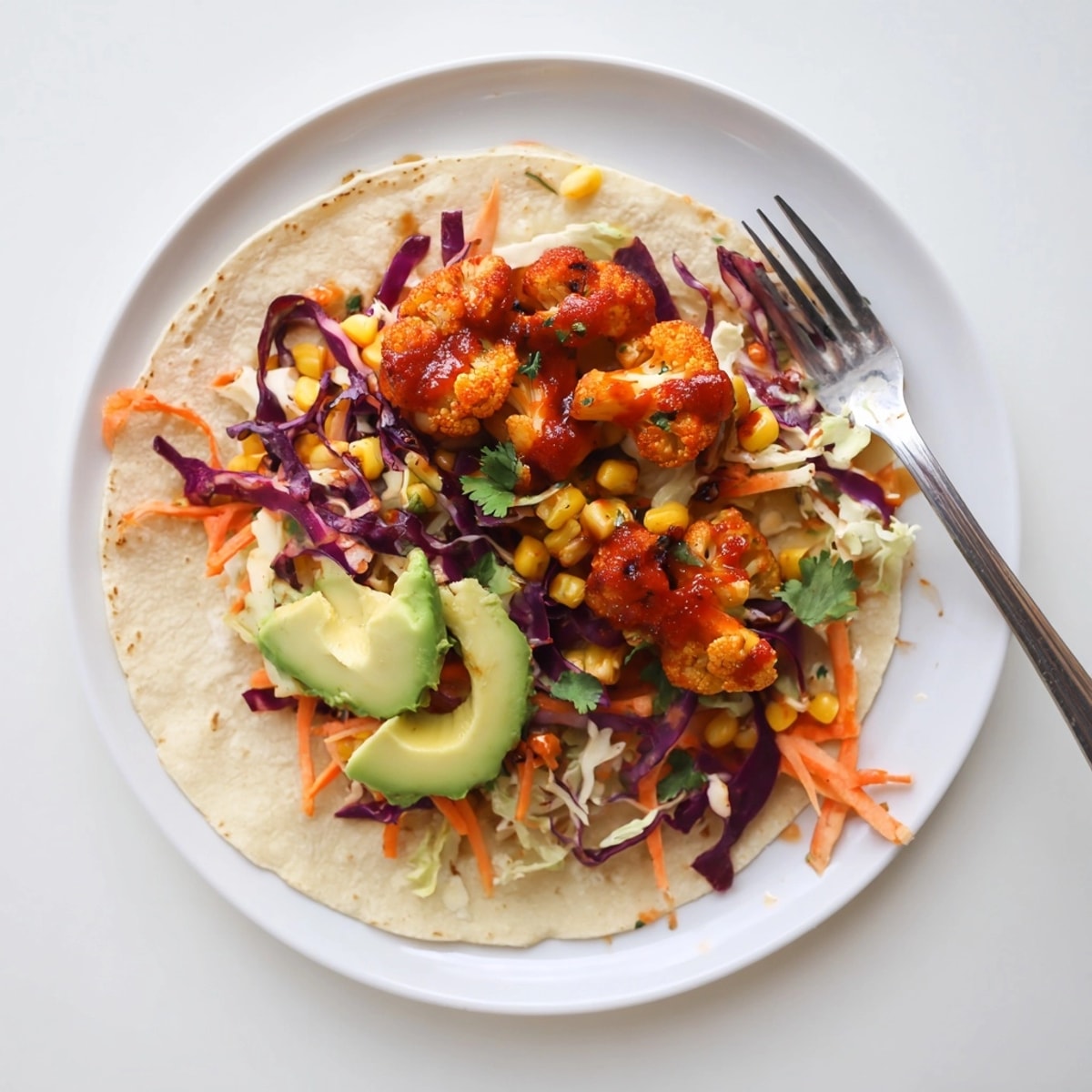 Close-up of a BBQ Cauliflower & Sweet Corn Taco, bursting with smoky, sweet, and tangy flavors.