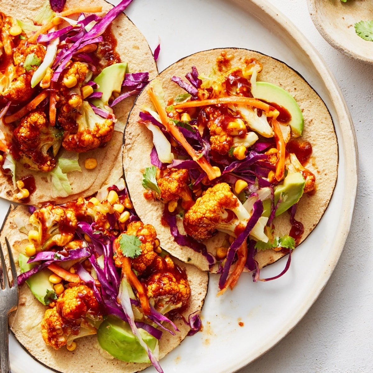 Warm BBQ Cauliflower and Sweet Corn Tacos; a vegetarian delight served with vibrant slaw.