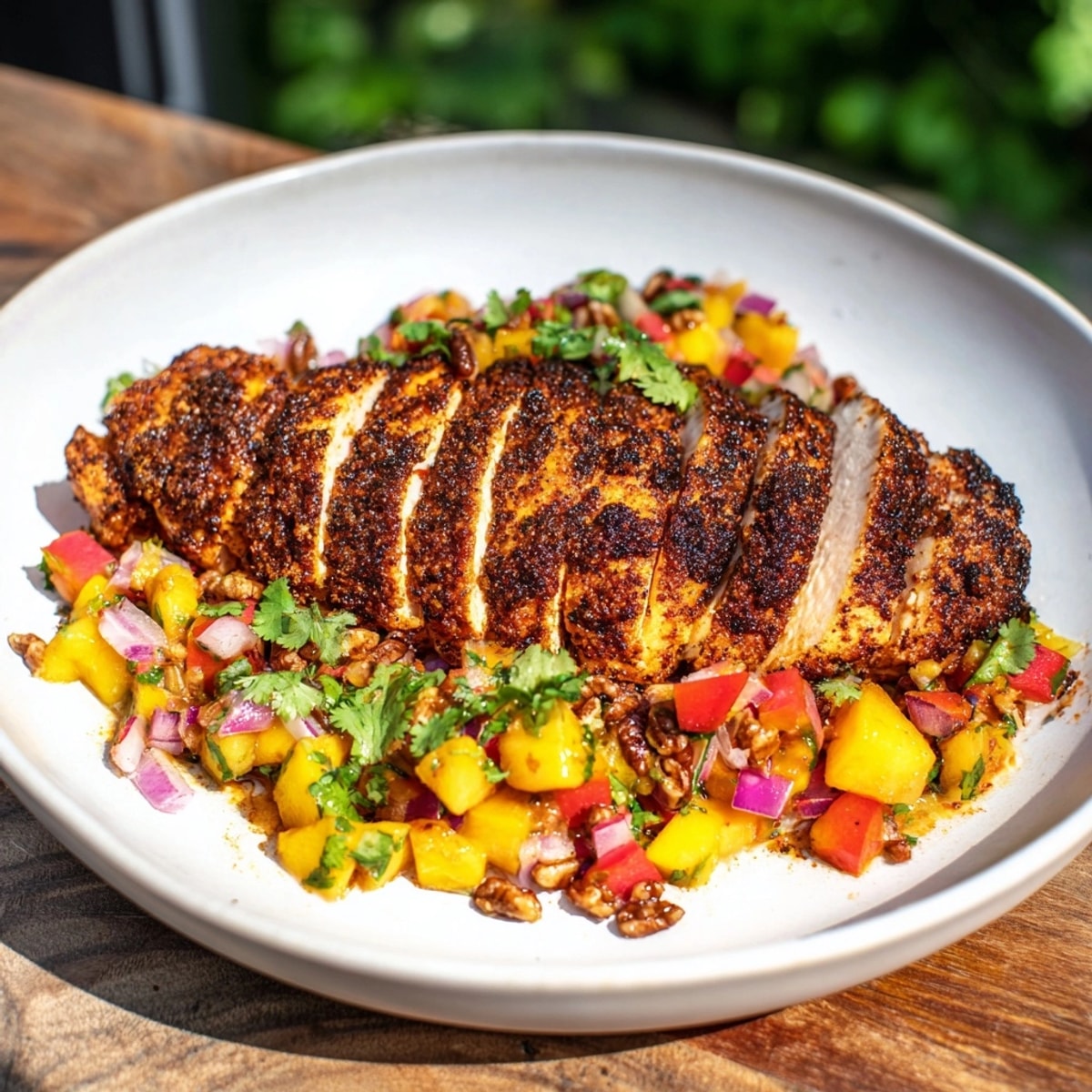 Juicy Spicy Peach & Pecan Salsa Chicken, ready to be served over creamy cilantro rice.
