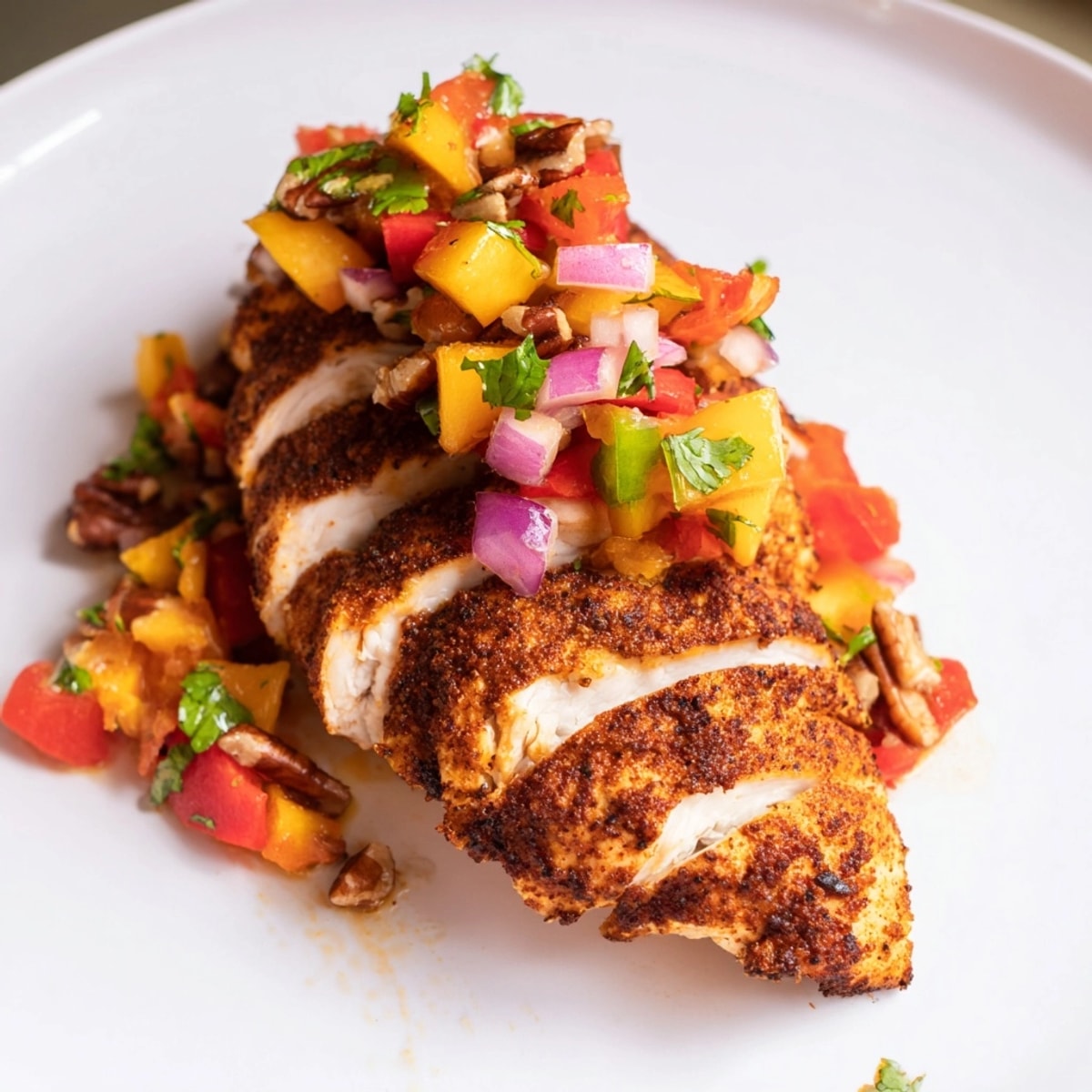 Baked Spicy Peach & Pecan Salsa Chicken on a parchmentlined pan, glistening with savory spices.