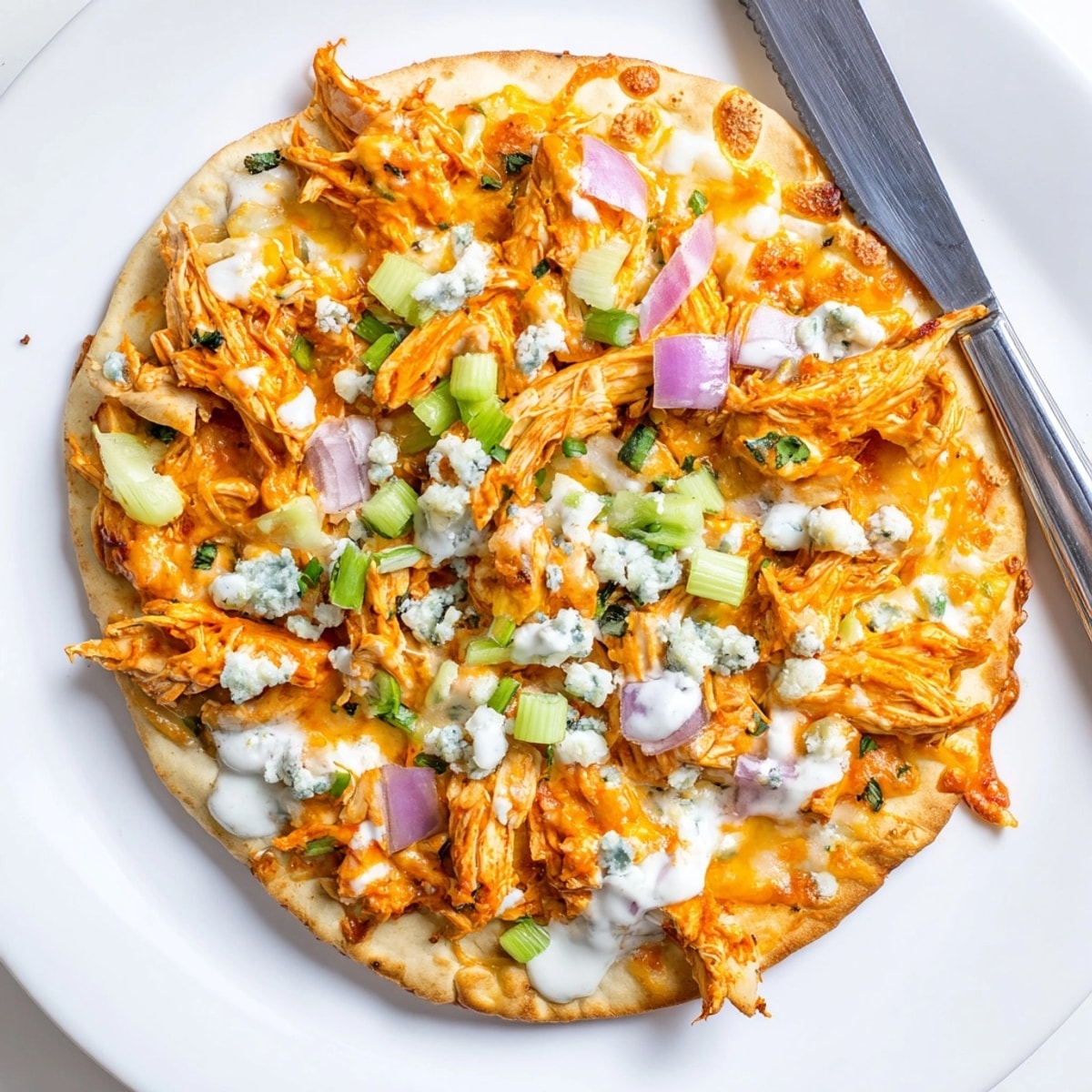 Golden Buffalo Chicken & Blue Cheese Flatbread, a satisfyingly cheesy, easy homemade meal.