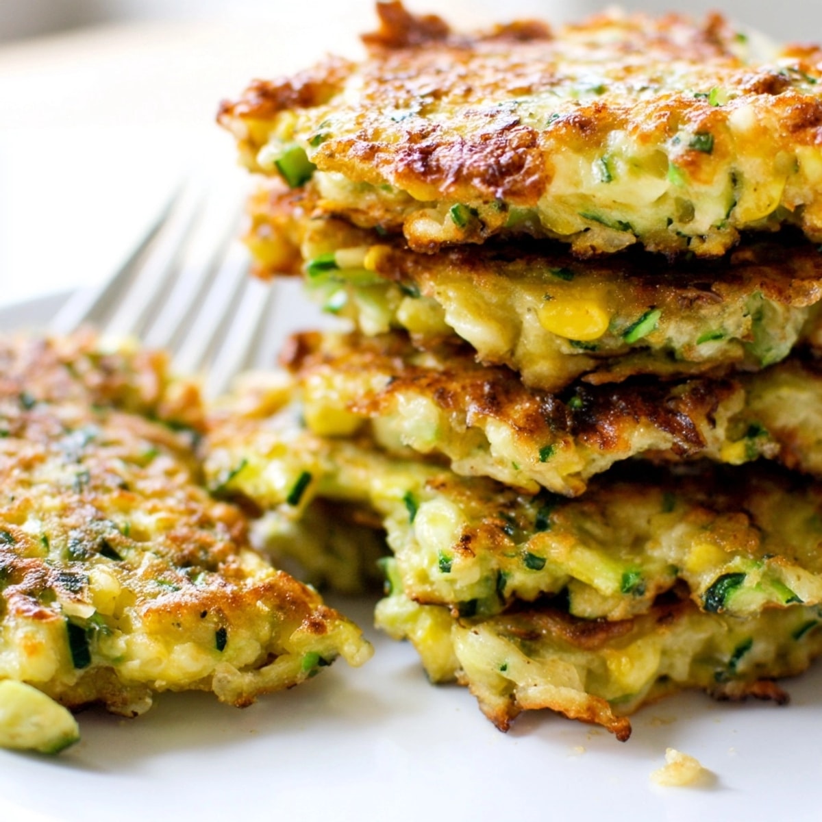 Golden Sweet Corn & Zucchini Fritters sizzling in a pan, ready for a summer appetizer.