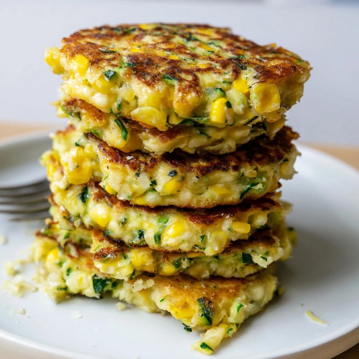 Close-up of crispy Sweet Corn &amp; Zucchini Fritters, showcasing their golden-brown texture and fresh herbs.