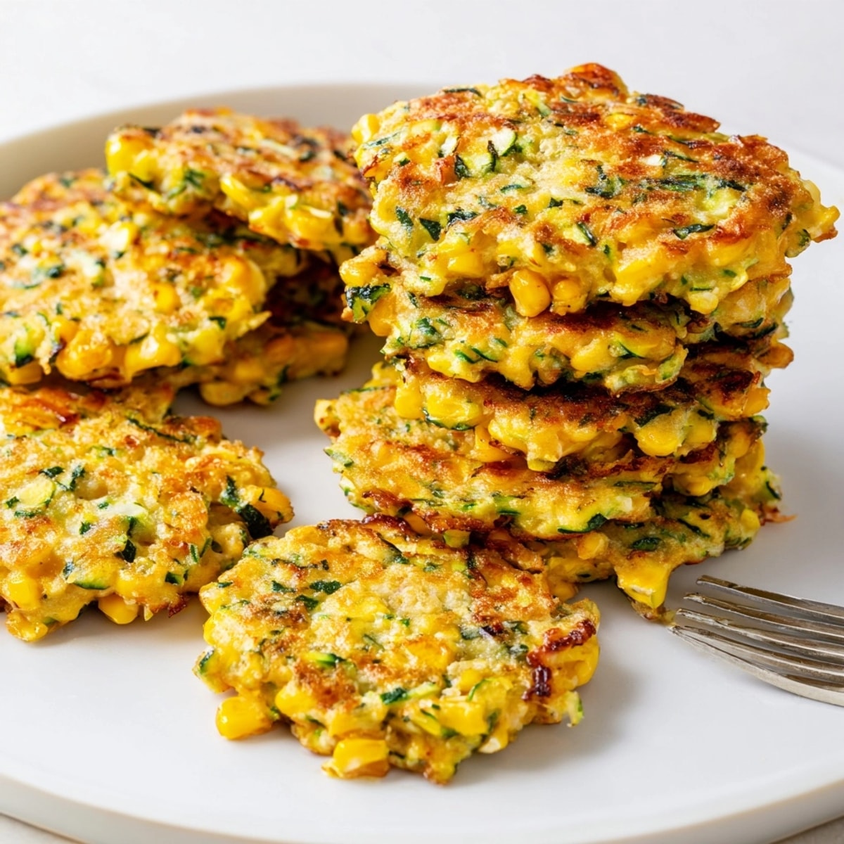 Vegetarian Sweet Corn &amp; Zucchini Fritters recipe, a flavorful summer dish served with creamy dipping sauce.