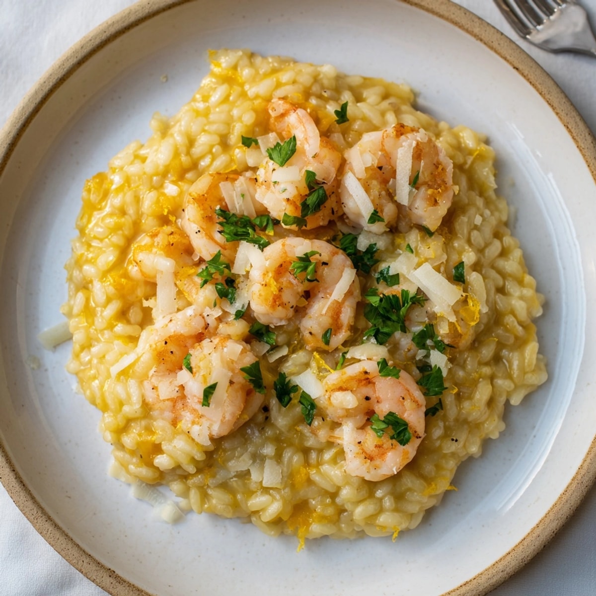 Creamy Saffron & Lemon Risotto with Shrimp: Golden rice, bright citrus, succulent seafood.
