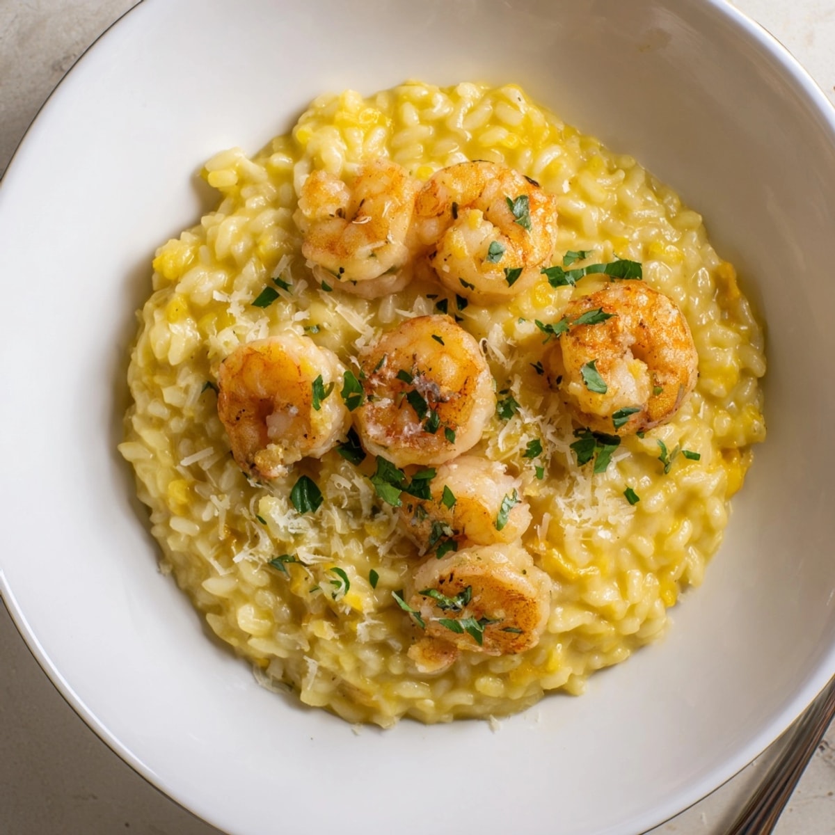 Close-up of Saffron & Lemon Risotto with Shrimp: Plump shrimp atop sunshine-yellow, creamy rice.