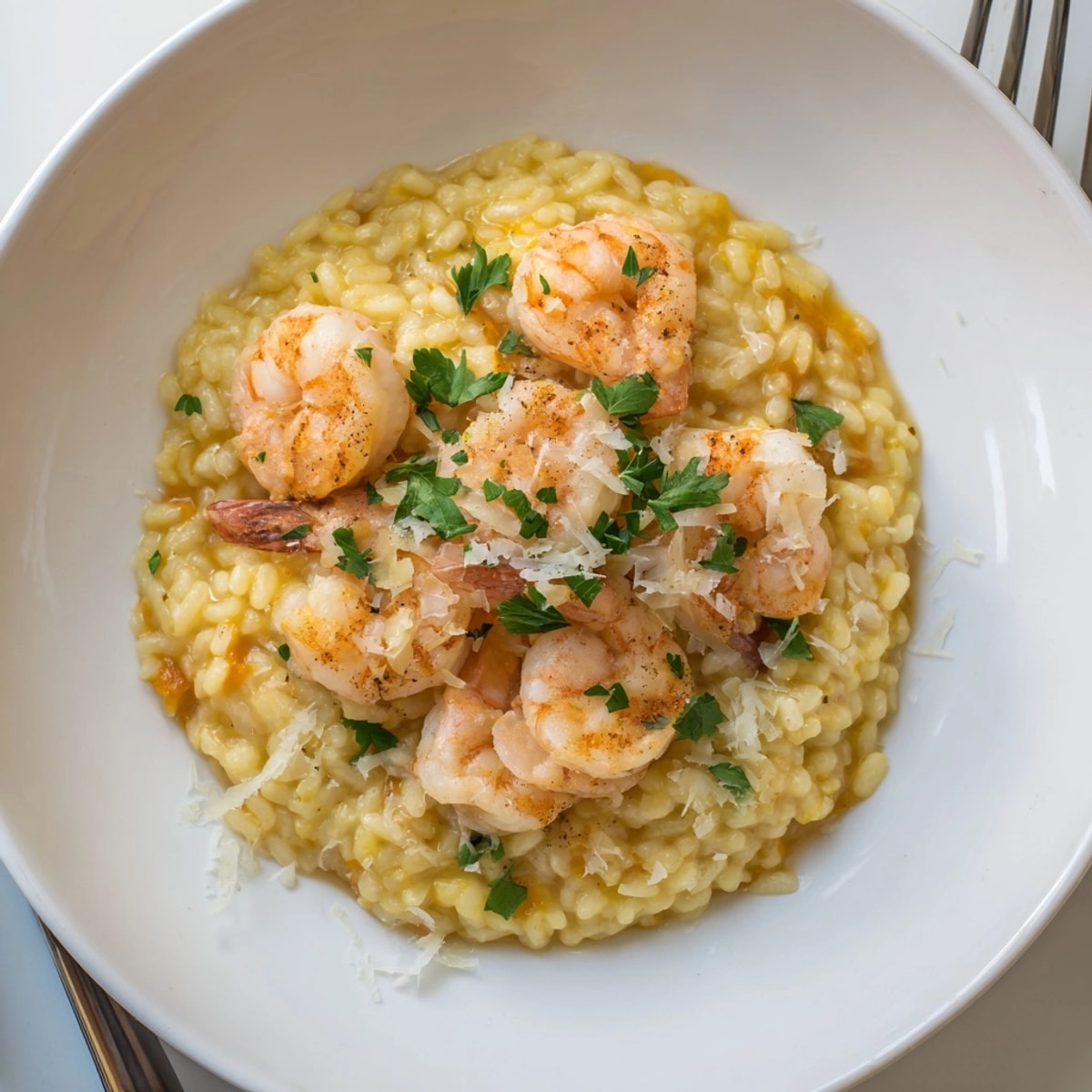 Elegant Saffron & Lemon Risotto with Shrimp: A flavorful Italian dinner, plated with parsley.
