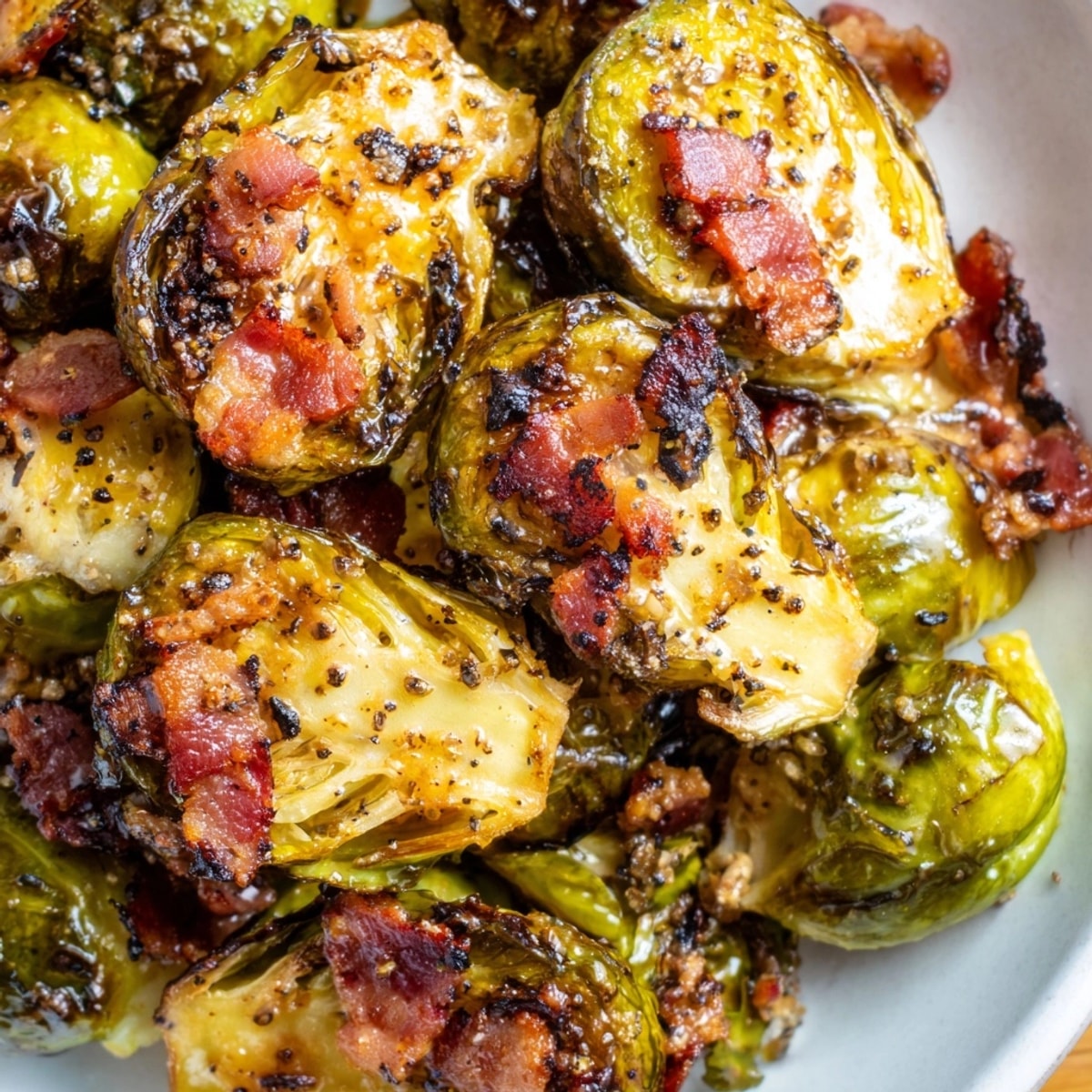 Golden Maple Bacon Brussels Sprouts, crispy and caramelized, ready to serve at dinner.