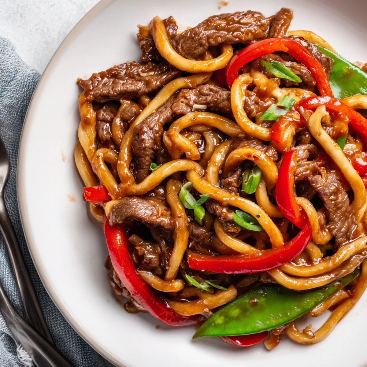 Savory Mongolian Beef Noodles: Tender beef, colorful veggies, and noodles glistening in rich sauce.