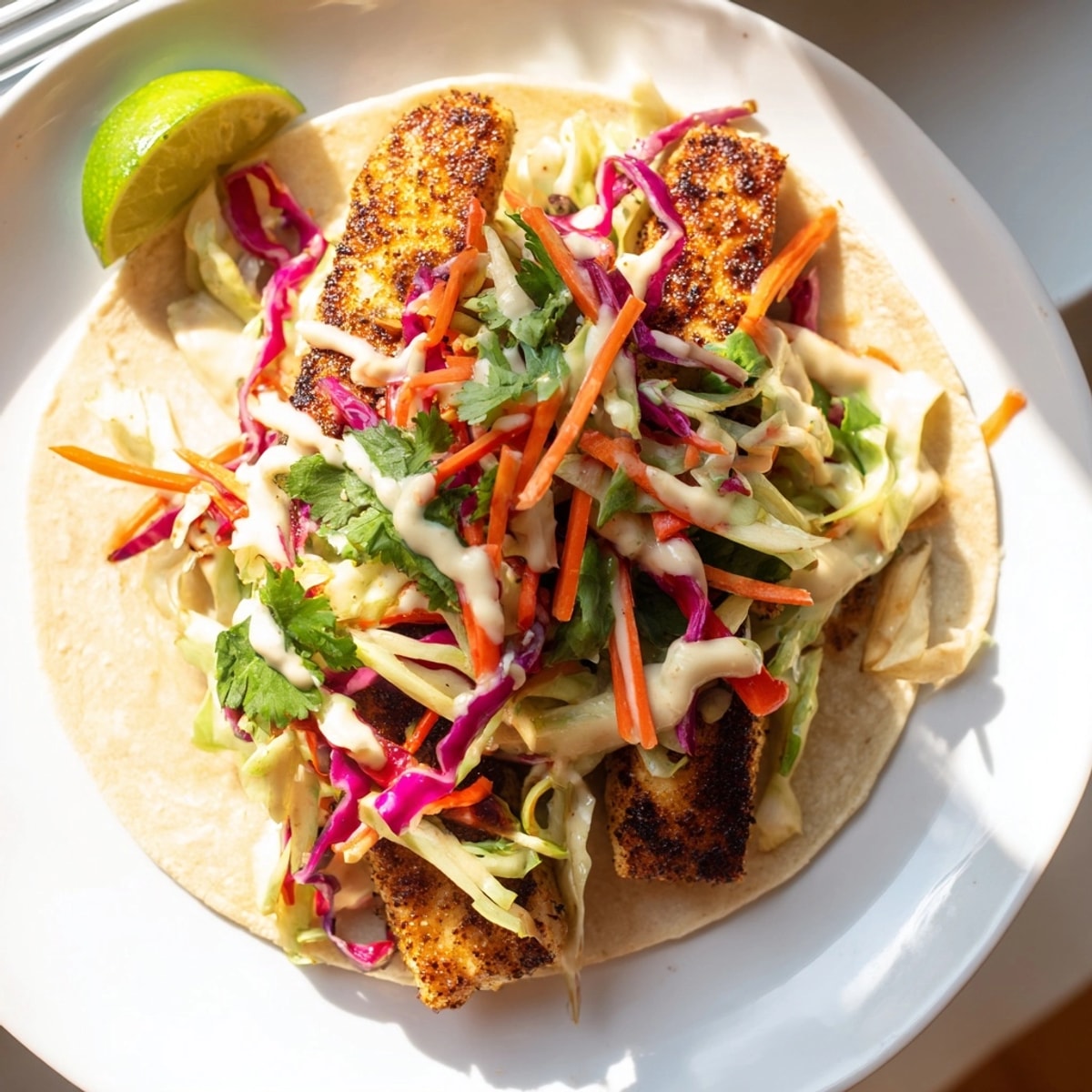 Delicious Fish Tacos with Slaw—crispy fish, tangy slaw, and creamy sauce in tortillas.