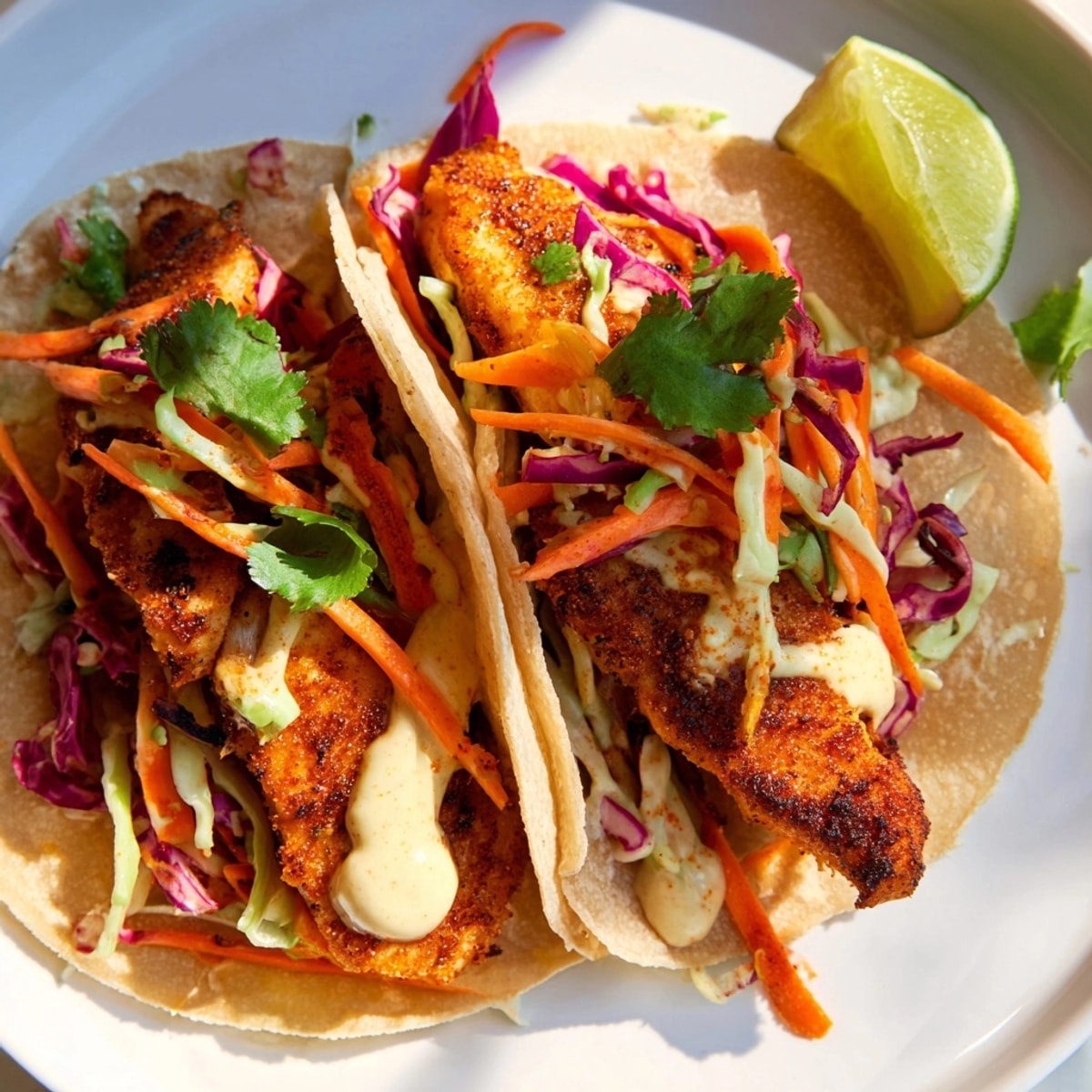 Close-up showcasing flavorful Fish Tacos with Slaw, ready to serve with fresh lime wedges.
