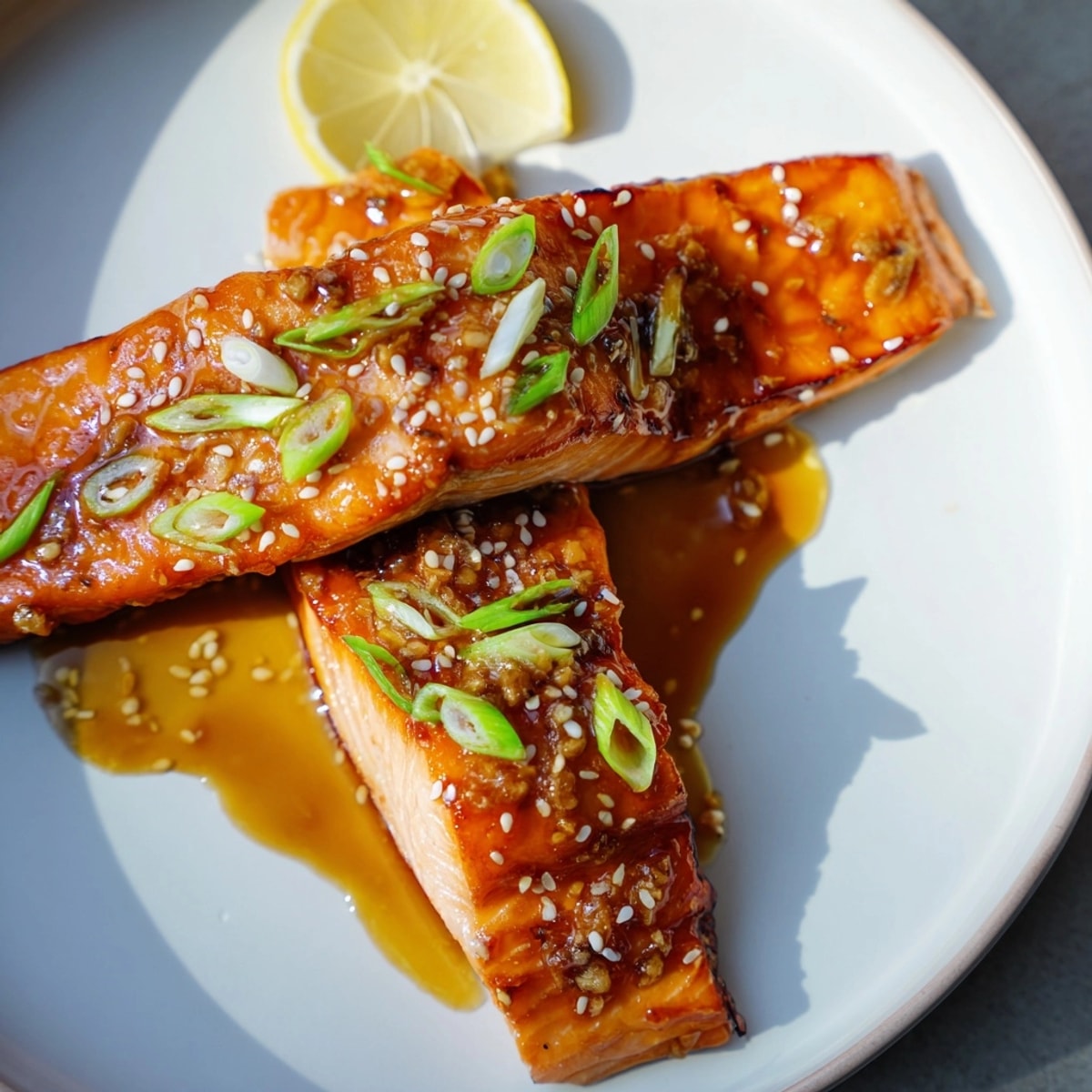 Pan-seared Honey Soy Salmon glistens with a rich sauce, garnished with fresh scallions.