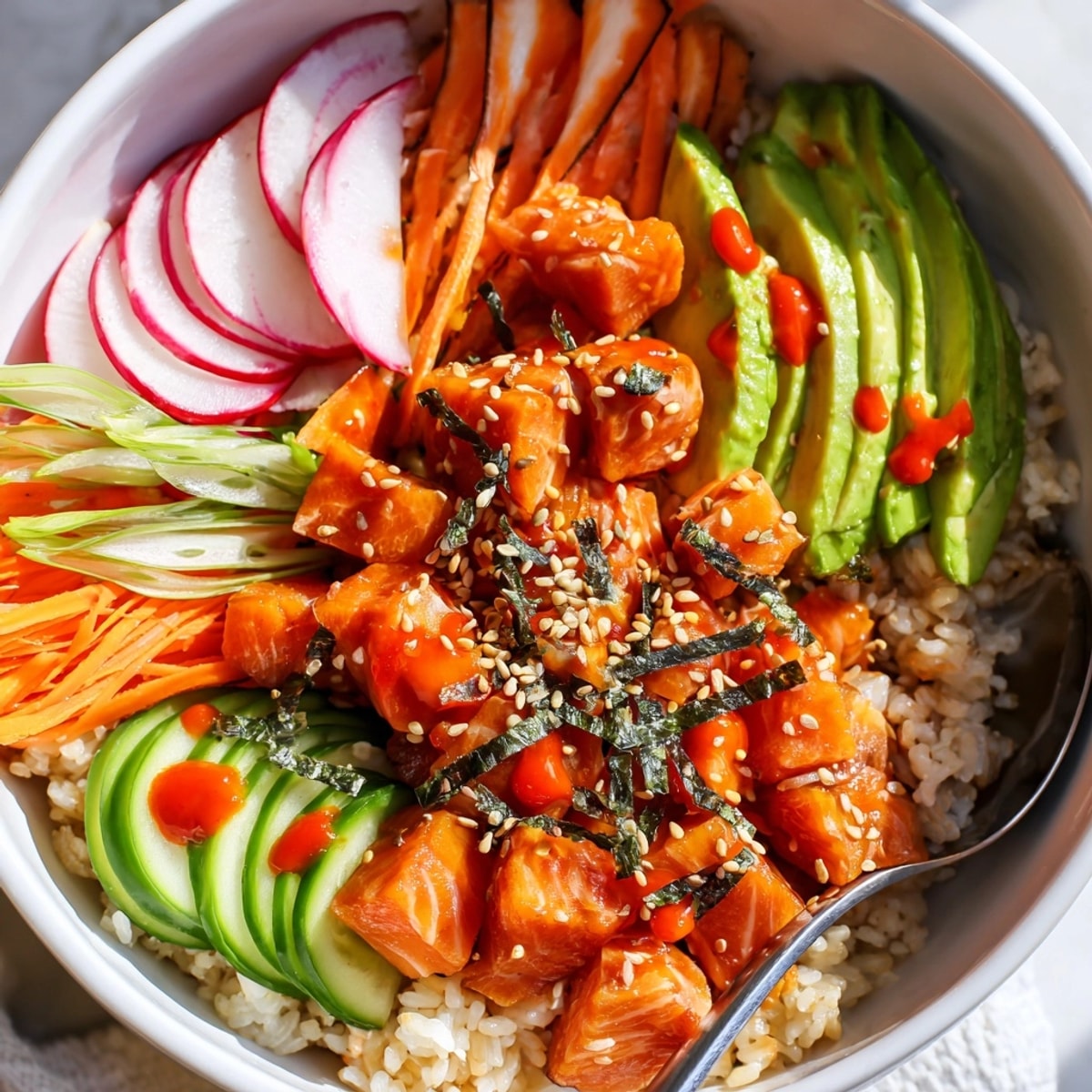 Overhead shot of a vibrant Spicy Salmon Poke Bowl, topped with colorful vegetables.