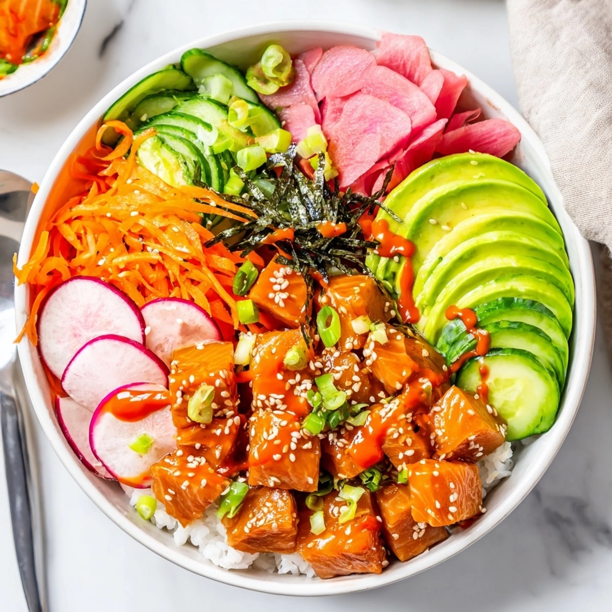 Close-up shows the glistening, spicy salmon in a delicious Spicy Salmon Poke Bowl.