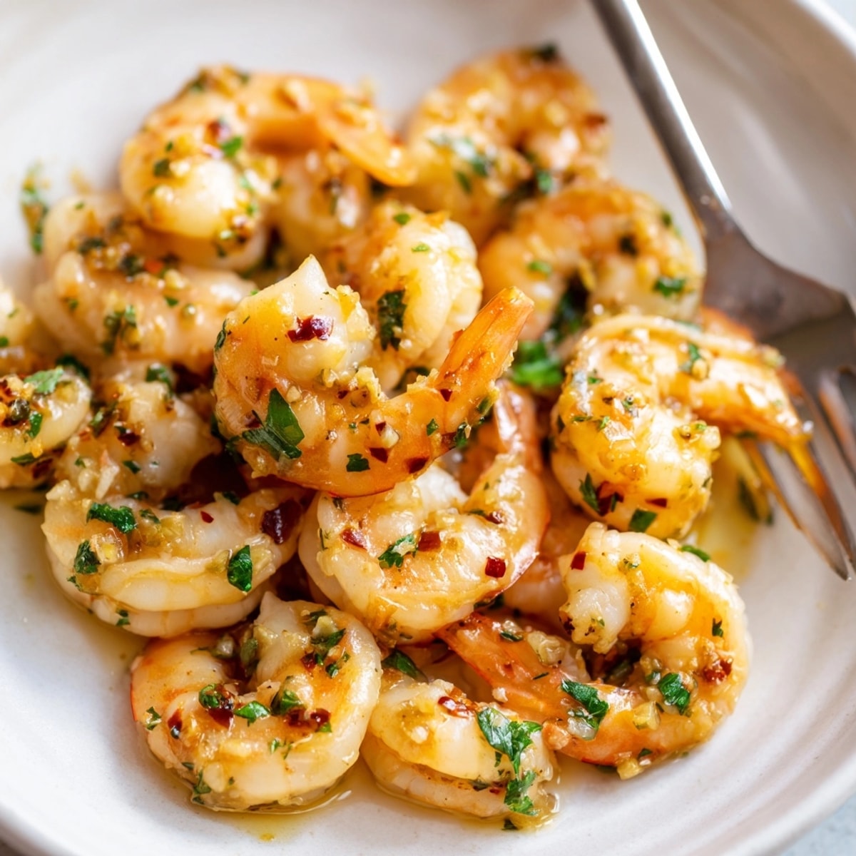 Golden Garlic Butter Shrimp recipe shimmering in a skillet, ready for serving.