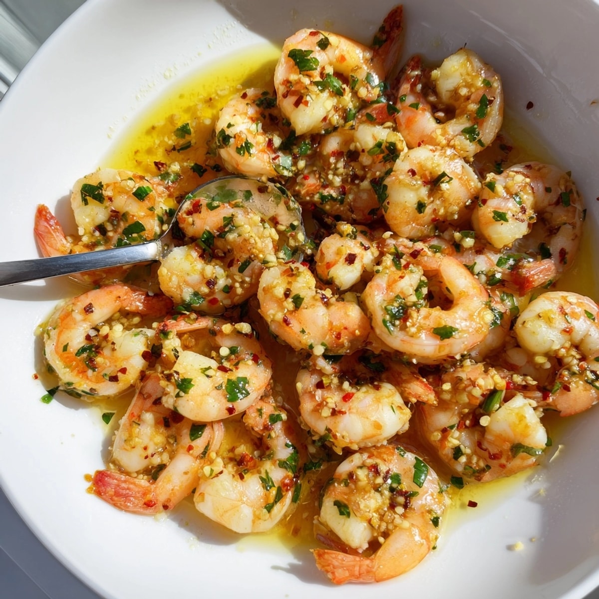 Easy Garlic Butter Shrimp recipe glistens with lemon and parsley, atop creamy pasta.