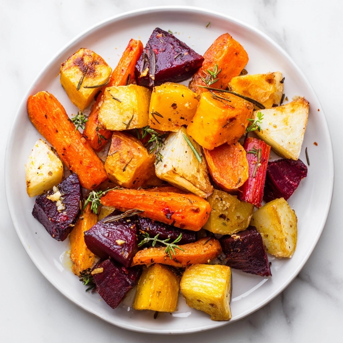 Vibrant medley of Roasted Root Vegetables glistening with olive oil, ready for a comforting side.