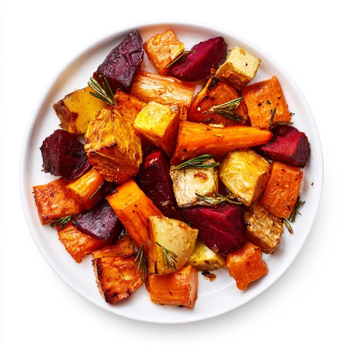 Golden brown Roasted Root Vegetables, savory herbs releasing their aroma, freshly baked for dinner.