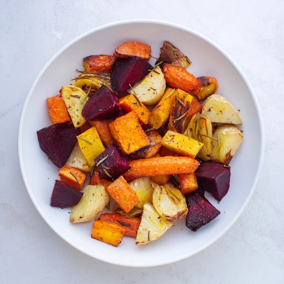 Close-up of tender, caramelized Roasted Root Vegetables; a naturally sweet and vegan delight.