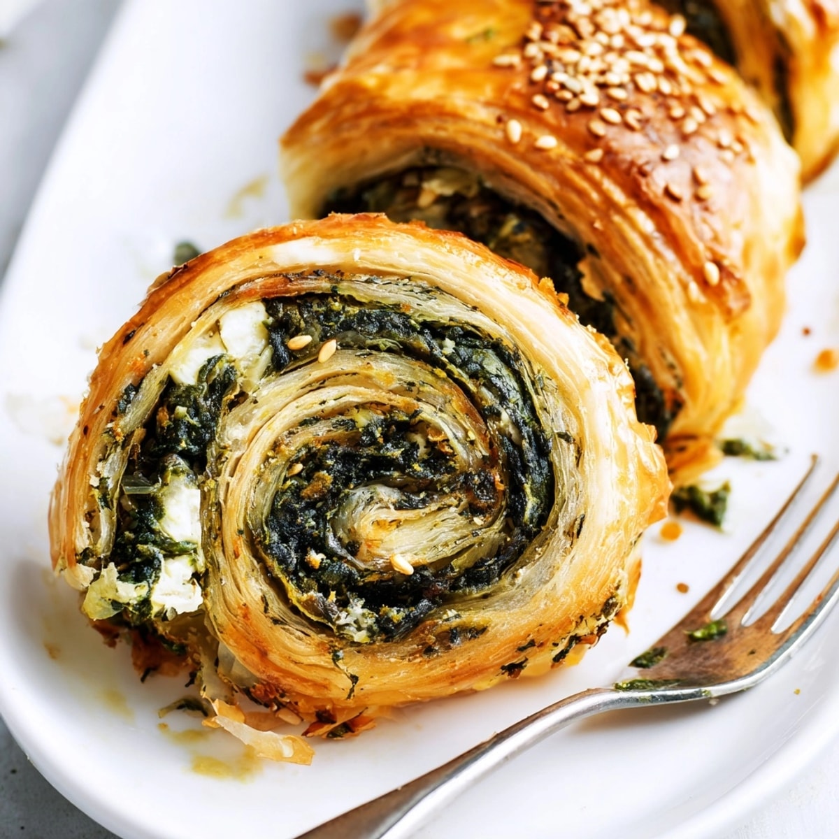Warm, golden brown Spinach Feta Pastry Spiral; a delicious appetizer with creamy, salty filling.
