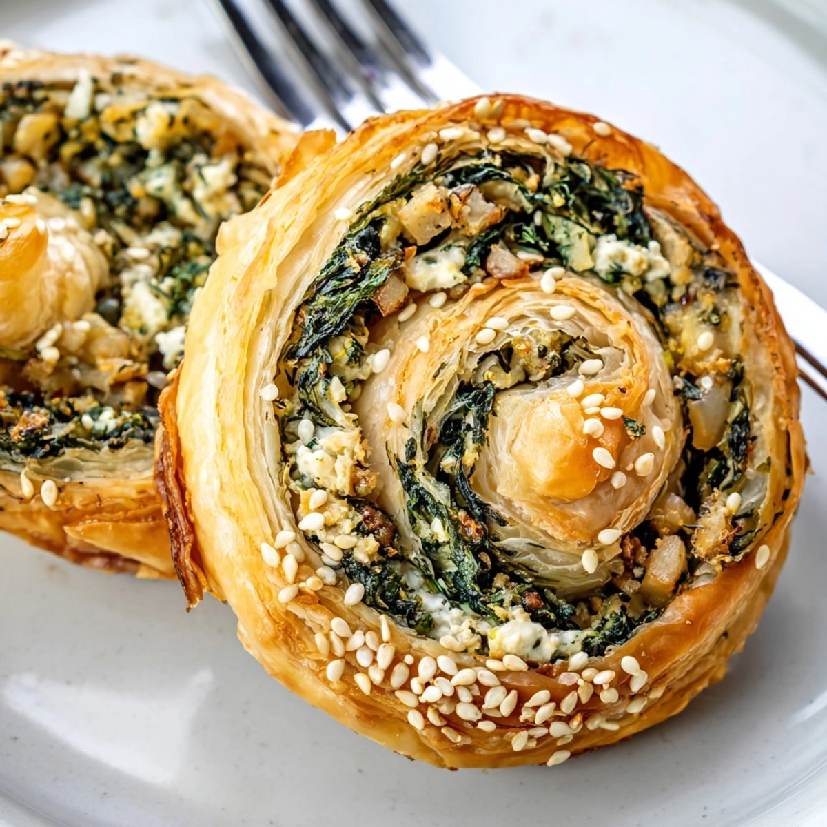 Close-up of a sliced Spinach Feta Pastry Spiral, showcasing the vibrant green filling.