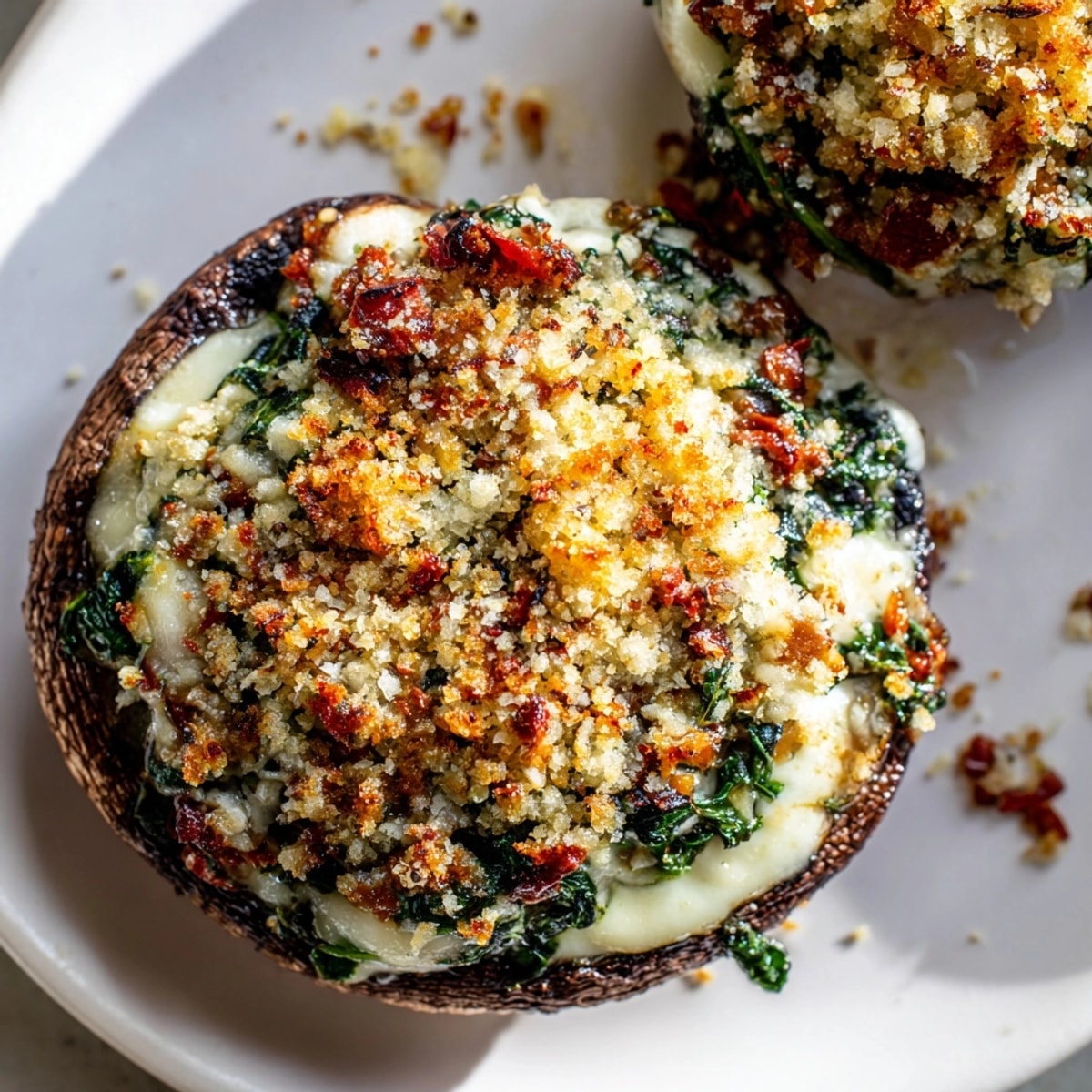 Golden, cheesy Stuffed Portobello Mushrooms; vegetarian filling glistens, fresh basil garnish, ready to serve.