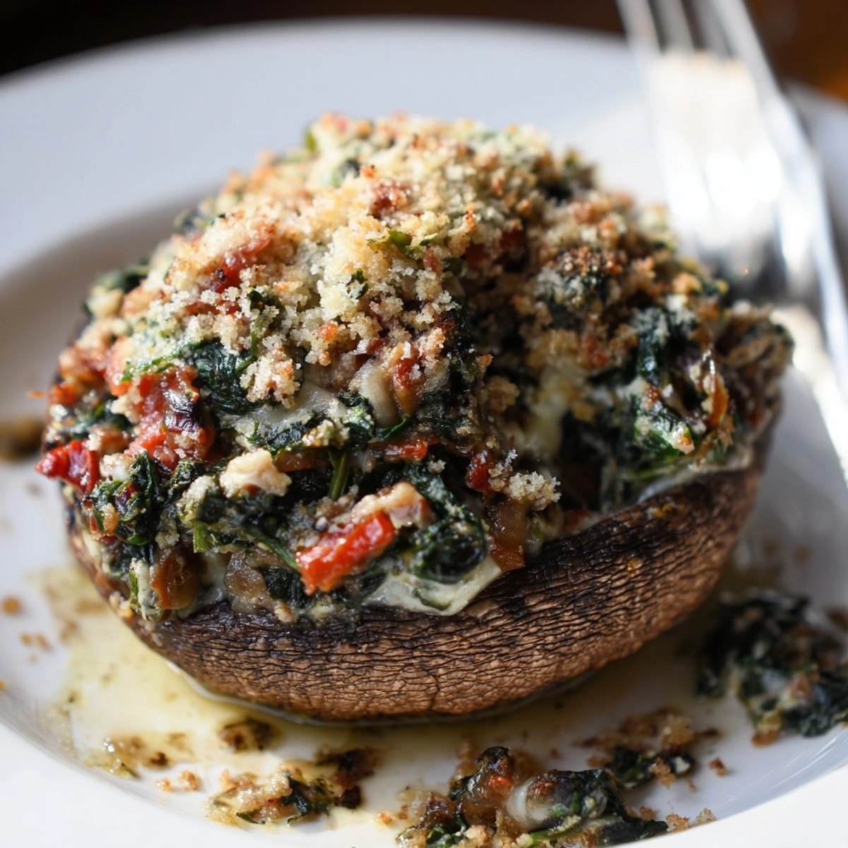 Savory Spinach and herb filling overflowing from juicy Stuffed Portobello Mushrooms, a hearty vegetarian delight.
