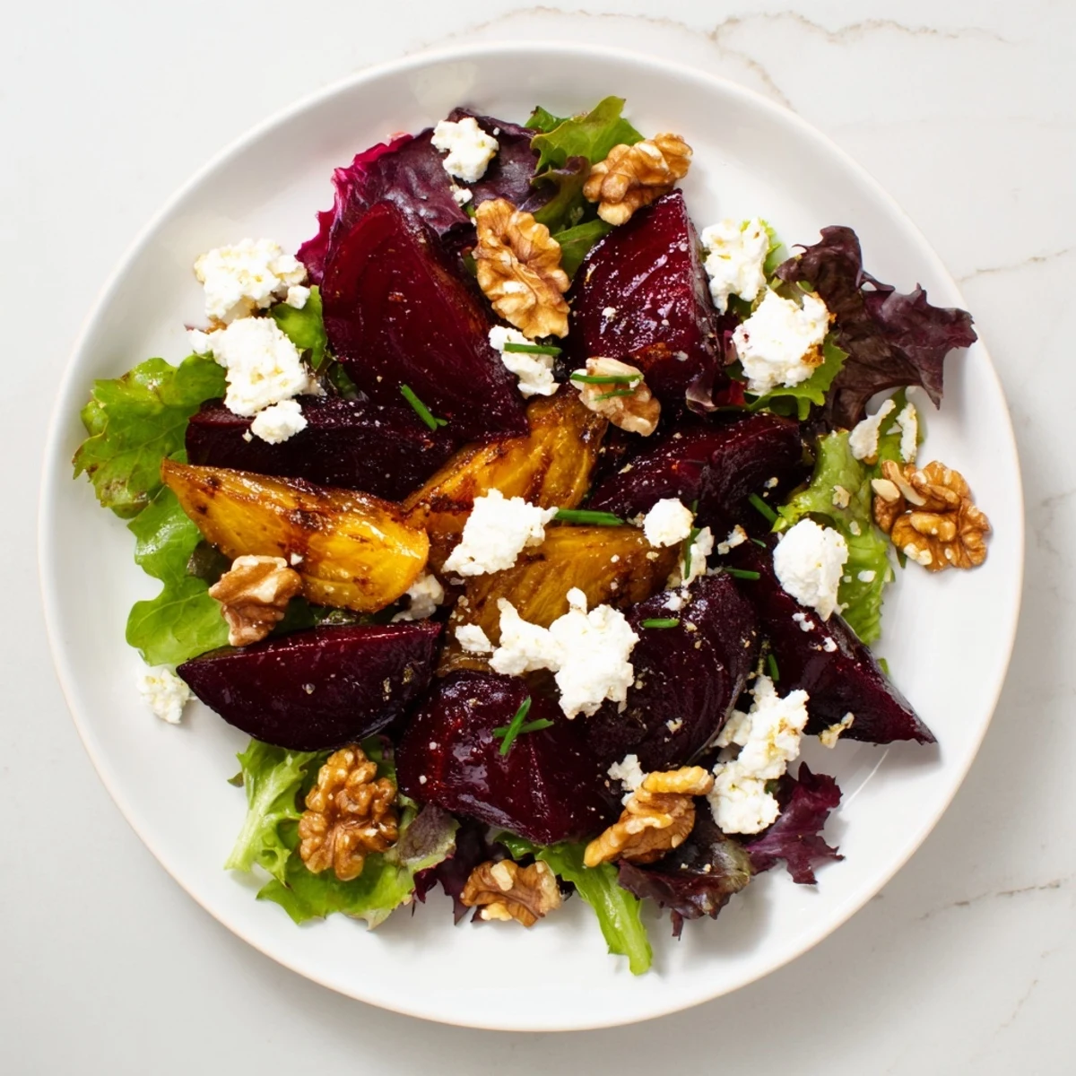 Vibrant roasted beet and walnut salad, with bright green greens and crumbled goat cheese topping.