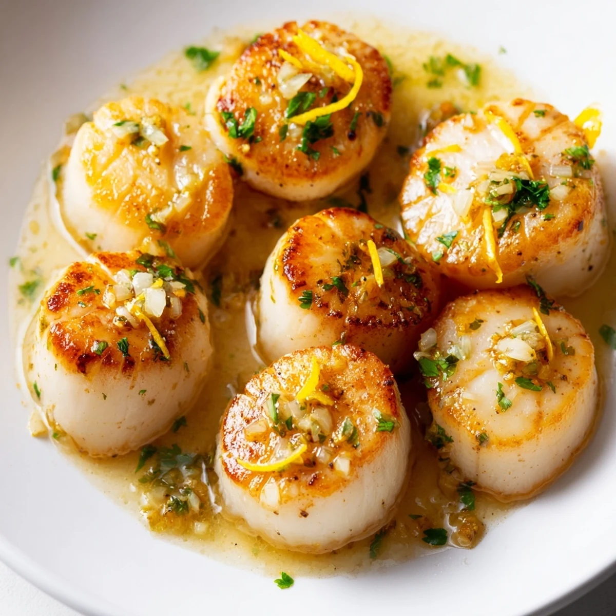 Golden seared Lemon Garlic Scallops drizzled with savory lemon butter, ready to serve with lemon wedges.