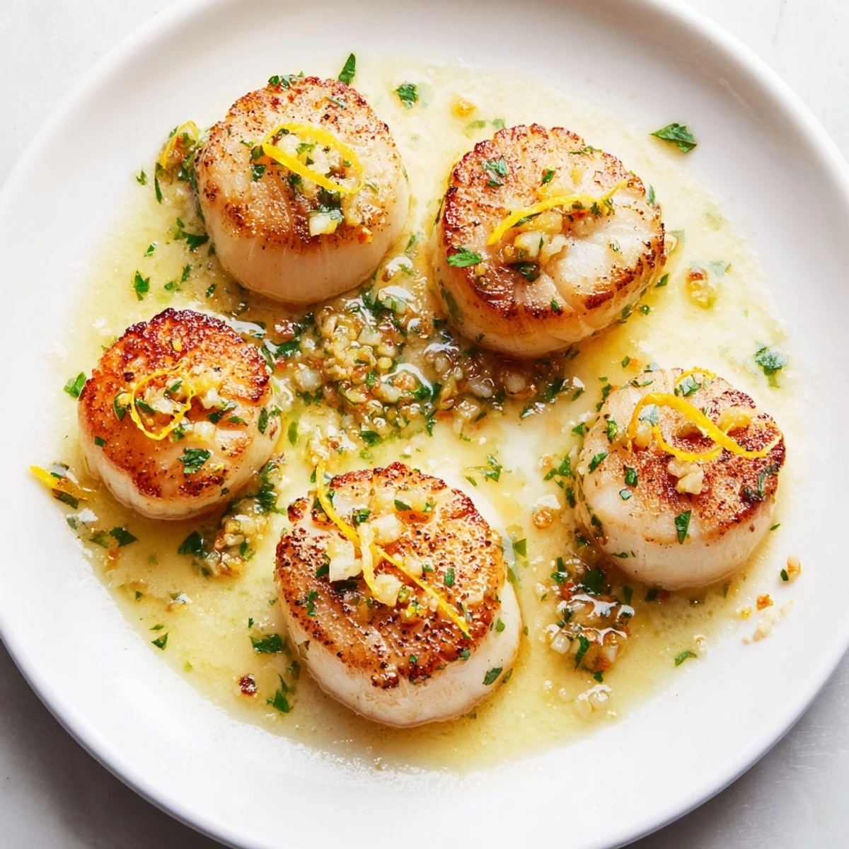 A plate of glistening Lemon Garlic Scallops, perfectly cooked and coated in garlic-lemon sauce.