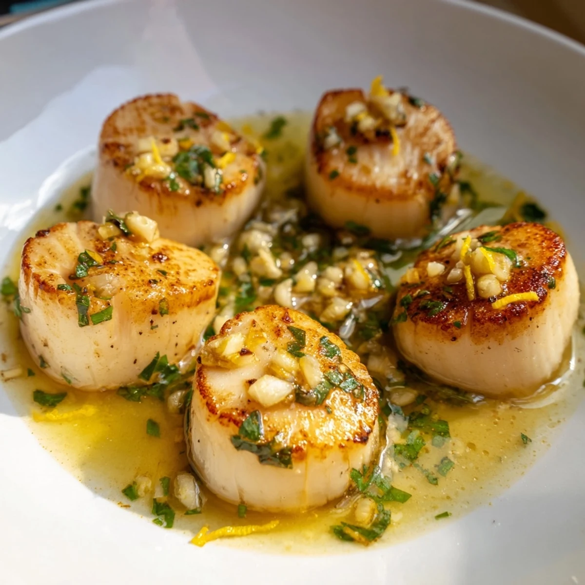 Close-up of juicy, pan-seared Lemon Garlic Scallops, a quick and elegant Mediterranean seafood meal.