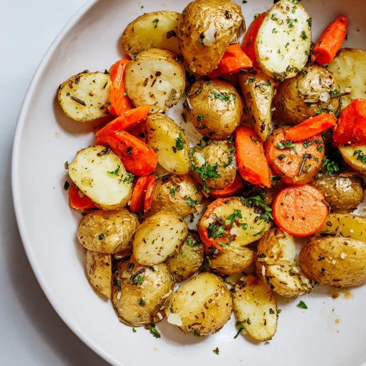 Tender herb roasted potatoes and carrots, glistening from olive oil, garlic and herbs, appealing and tasty.