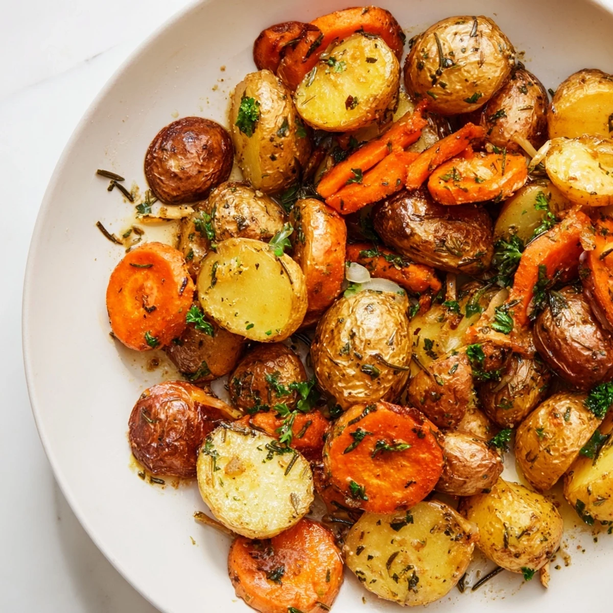 Roasted potatoes and carrots, perfectly seasoned with herbs, offering rich textures and delightful flavors.