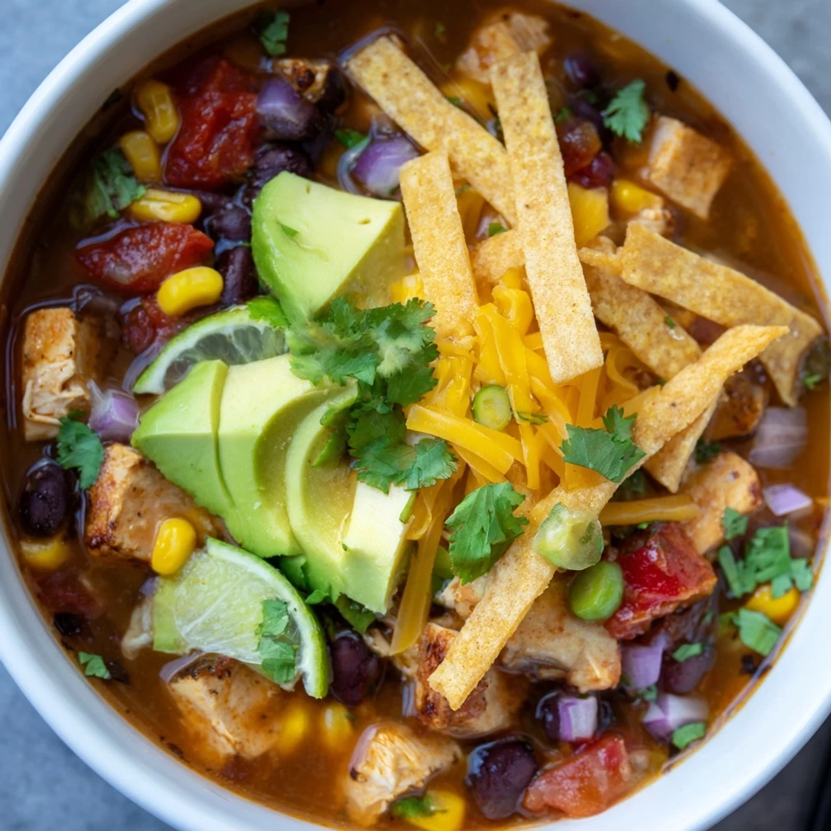 A close-up of a flavorful Spicy Chicken Tortilla Soup, ready to eat with a lime wedge.
