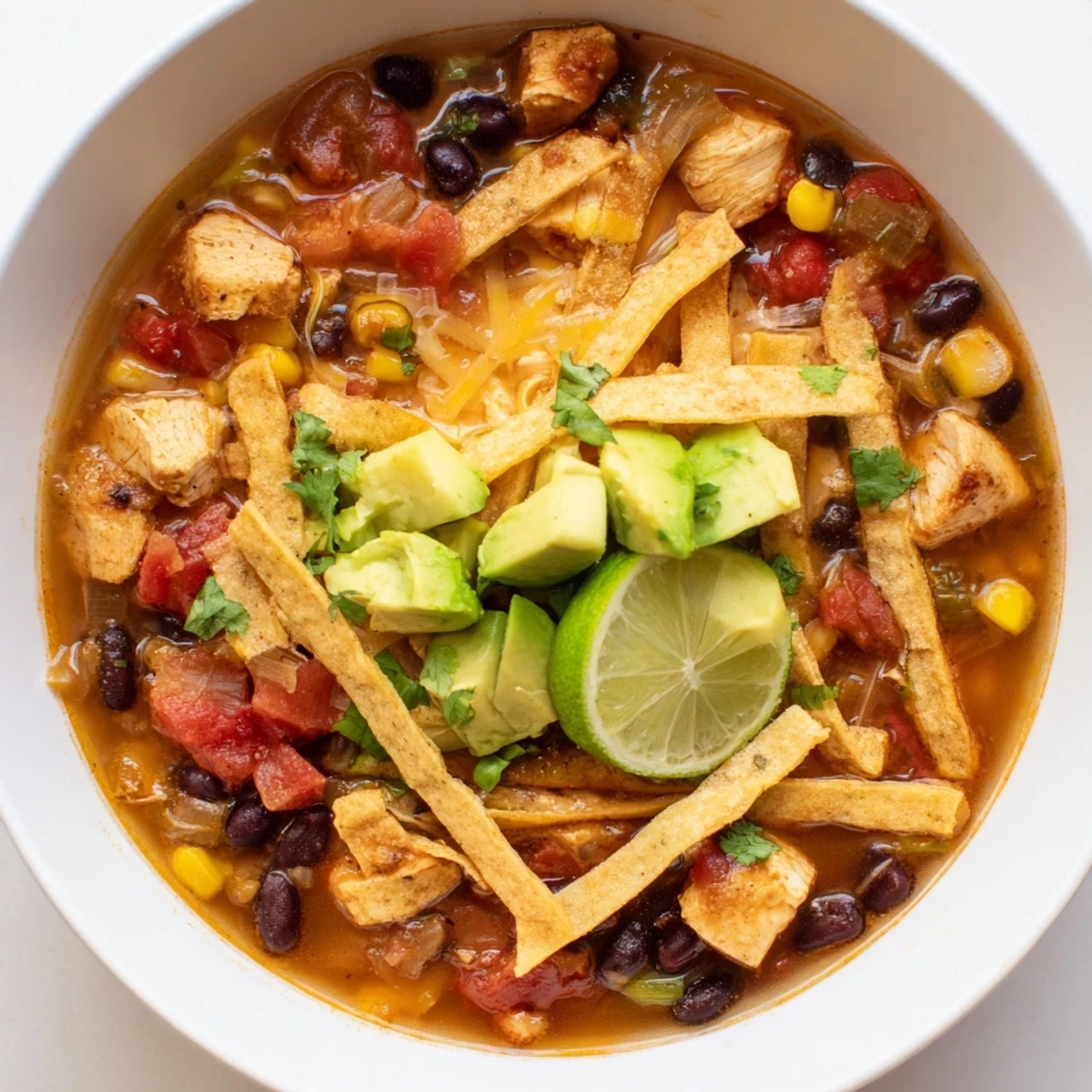 Steaming bowl of Spicy Chicken Tortilla Soup with golden tortilla strips and vibrant cilantro garnish.