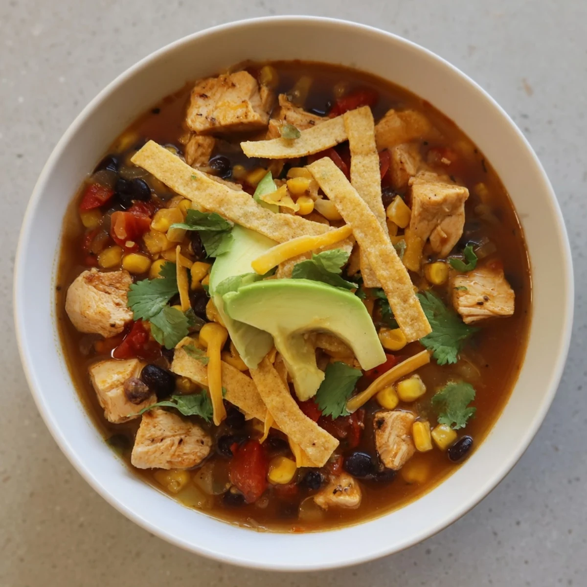 Enjoy the comforting Spicy Chicken Tortilla Soup, a delicious blend of chicken and vegetables with warm spices.