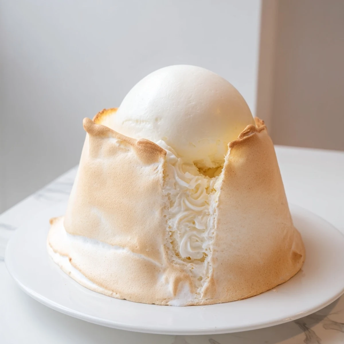 Golden, toasted meringue crowns a luscious Baked Alaska featuring vanilla ice cream and pound cake.