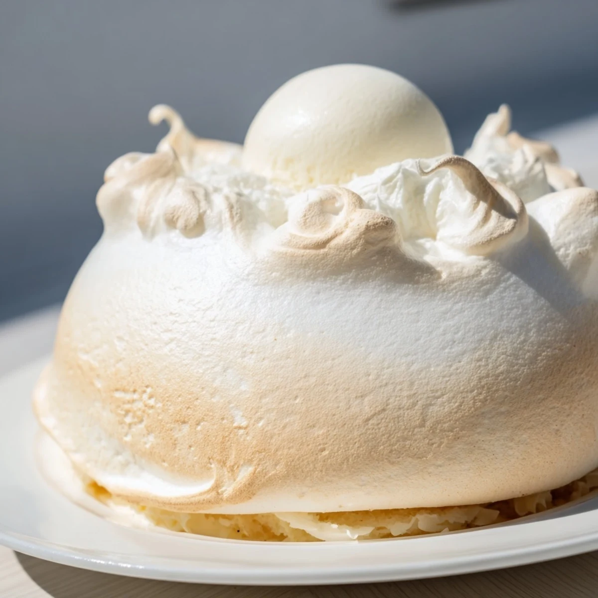 Homemade Baked Alaska, a stunning dessert, exhibits contrasting textures: cold ice cream and toasty meringue.