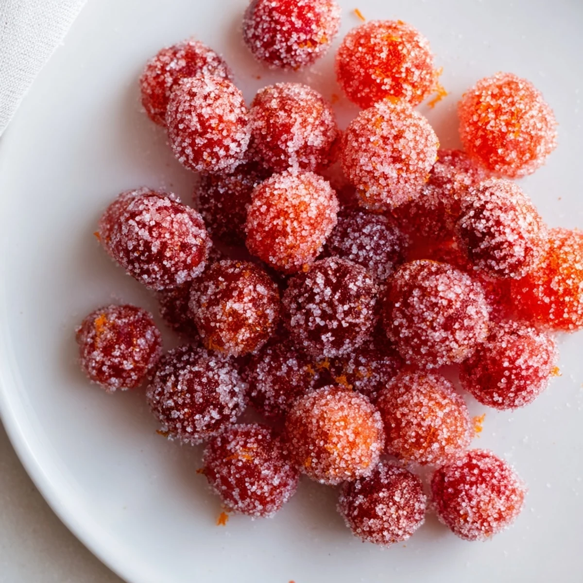 These plump, shiny sugared cranberries are a delightful garnish, perfect for a Thanksgiving or Christmas display.