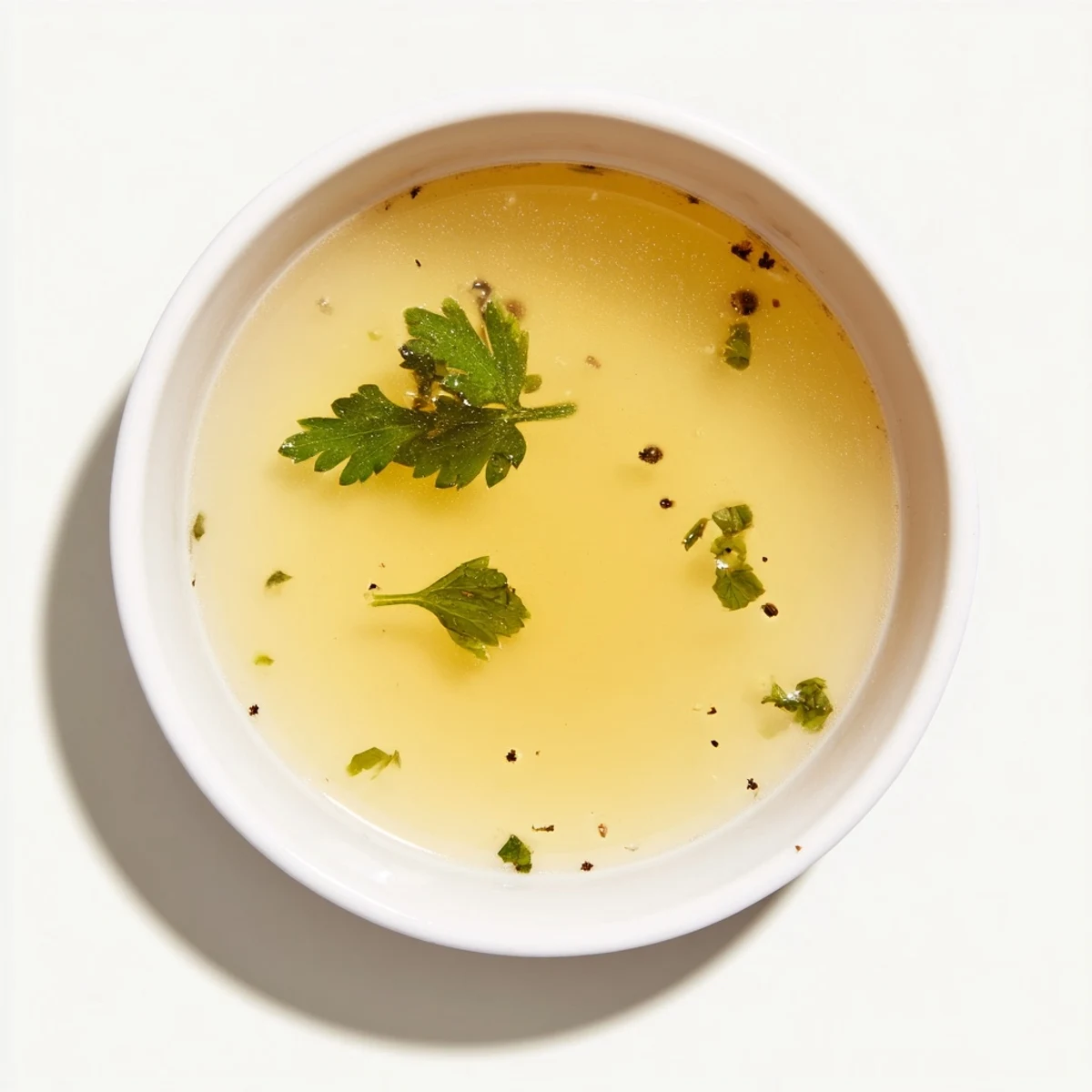 Golden-hued beef broth simmering in a stockpot, filled with flavorful vegetables and herbs.