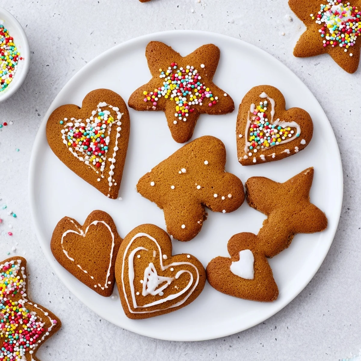 Warm, spiced gingerbread ornaments, ready to be decorated with colorful royal icing and festive sprinkles.